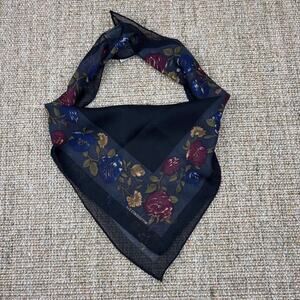 🌹 Liz Claiborne Vintage Scarf | Navy Plaid Floral Border | 19"